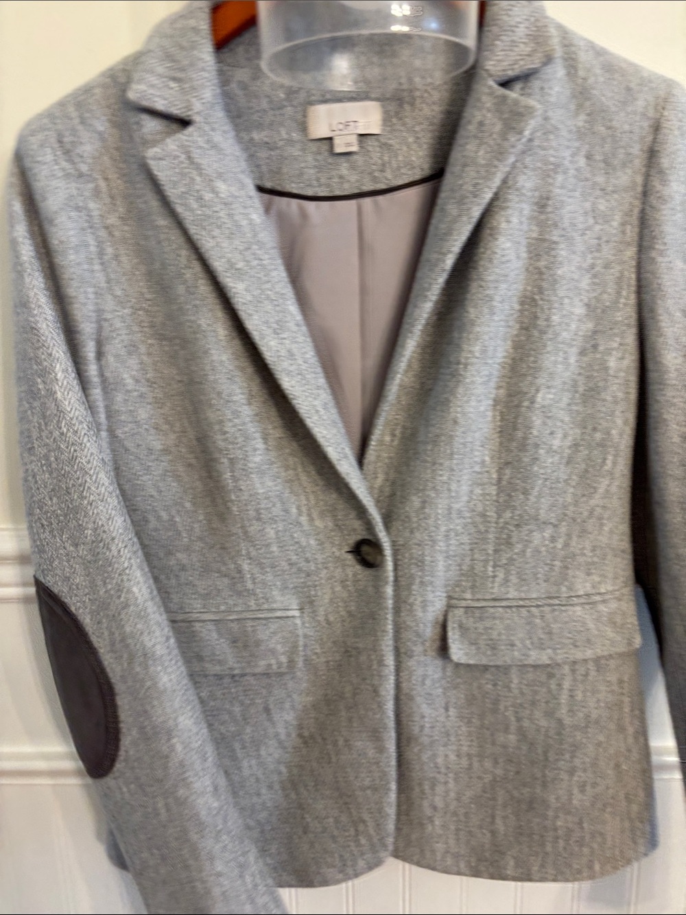 LOFT Light Gray Women's Cotton Herringbone Blazer with Dark Elbow Patches